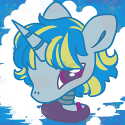 Size: 1000x1000 | Tagged: safe, artist:linkedwolf, oc, oc only, oc:nei zin, gynoid, robot, unicorn, bust, clothes, cute, eye clipping through hair, female, horn, mare, no mouth, portrait, purple eyes, secret santa, solo, two toned hair