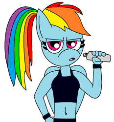 Size: 668x718 | Tagged: safe, artist:alonso1711, rainbow dash, anthro, g4, alternate hairstyle, arm band, bikini, breasts, busty rainbow dash, clothes, exercise, female, open mouth, ponytail, simple background, solo, swimsuit, water bottle, white background, workout