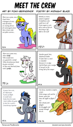 Size: 2510x4335 | Tagged: safe, artist:pony-berserker, oc, oc only, oc:final drive, oc:longhaul, oc:shadowed ember, oc:silver sickle, oc:slipstream, oc:southern comfort, food, glasses, gravestone, magic, pickle, poem, poetry, scar, sheepish grin, smiling, taco, telekinesis, unamused