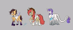 Size: 2498x1030 | Tagged: safe, artist:arcticsaiyan, apple bloom, scootaloo, sweetie belle, earth pony, pegasus, pony, unicorn, g4, alternate design, bow, cape, clothes, cmc cape, coat markings, cowboy hat, cutie mark crusaders, hat, horn, leonine tail, redesign, simple background, socks (coat markings), tail, tail bow