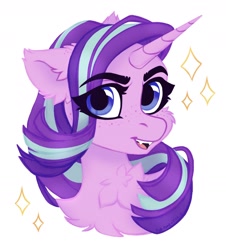 Size: 1686x1864 | Tagged: safe, artist:pink-pone, artist:vird-gi, starlight glimmer, pony, unicorn, g4, bust, cheek fluff, chest fluff, cute, cute little fangs, ear fluff, eye clipping through hair, eyebrows, eyebrows visible through hair, fangs, female, freckles, horn, mare, portrait, simple background, solo, white background