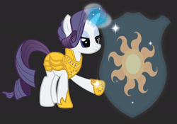 Size: 1920x1347 | Tagged: safe, artist:anka sep, rarity, pony, unicorn, g4, official, tails of equestria, armor, armored pony, base used, cleric, female, glowing, glowing horn, gray background, horn, magic, magic aura, mare, princess celestia's cutie mark, shield, simple background, solo
