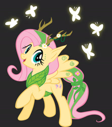 Size: 1920x2172 | Tagged: safe, artist:anka sep, fluttershy, butterfly, pegasus, pony, g4, my little pony: tails of equestria, official, antlers, base used, druid, female, gray background, mare, simple background, solo