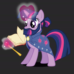 Size: 1920x1928 | Tagged: safe, artist:anka sep, twilight sparkle, pony, unicorn, g4, my little pony: tails of equestria, official, base used, beard, bearded female, book, cape, clothes, facial hair, female, glowing, glowing horn, gray background, horn, levitation, magic, magic aura, mare, simple background, solo, staff, telekinesis, unicorn twilight, wizard