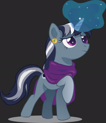 Size: 1920x2220 | Tagged: safe, artist:anka sep, moonbeam, pony, unicorn, g4, my little pony: tails of equestria, official, the curse of the statuettes, cape, clothes, ear piercing, earring, female, glowing, glowing horn, gray background, horn, jewelry, magic, magic aura, mare, multicolored hair, piercing, simple background