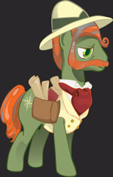 Size: 1880x2954 | Tagged: safe, artist:anka sep, earth pony, pony, g4, my little pony: tails of equestria, official, bag, beard, dusty parchment, facial hair, gray background, hat, male, saddle bag, scroll, simple background, stallion