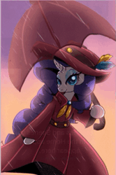 Size: 477x720 | Tagged: safe, artist:peanutfrogy, rarity, pony, unicorn, semi-anthro, g4, animated, clothes, cute, dress, feather, gif, gradient background, hat, horn, rain, raribetes, see-through, solo, sunset, umbrella