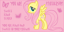 Size: 400x200 | Tagged: safe, edit, fluttershy, pegasus, pony, g4, female, mare, pink background, quiz, simple background, solo, text