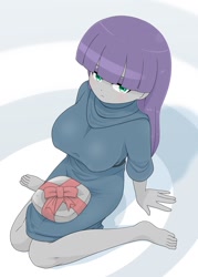 Size: 1139x1591 | Tagged: safe, alternate version, artist:batipin, maud pie, human, equestria girls, g4, barefoot, big breasts, breasts, busty maud pie, clothes, dress, feet, fossil, looking at you