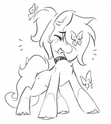 Size: 2362x2646 | Tagged: safe, artist:opalacorn, oc, oc only, butterfly, earth pony, pony, black and white, chest fluff, choker, eyes closed, female, freckles, grayscale, laughing, mare, monochrome, open mouth, open smile, simple background, smiling, solo, white background