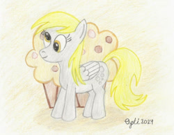 Size: 1013x789 | Tagged: safe, artist:opti, derpy hooves, pegasus, pony, g4, derp, food, muffin, solo, traditional art