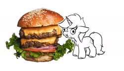 Size: 1970x1125 | Tagged: safe, artist:opalacorn, oc, oc only, pony, unicorn, burger, cheeseburger, commission, eating, food, giant food, hamburger, horn, meat, nose wrinkle, ponies eating meat, simple background, solo, white background