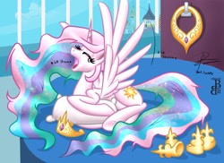 Size: 3300x2400 | Tagged: safe, artist:colour-crusader, artist:leadhooves, princess celestia, alicorn, pony, g4, bed, eyes closed, female, hoof shoes, le, lying down, mare, morning ponies, princess, prone, solo