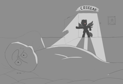 Size: 1231x846 | Tagged: safe, artist:theonlyone, rainbow dash, oc, oc:anon, human, pegasus, pony, g4, bed, bipedal, black and white, blanket, danger, dark room, framed picture, glare, grayscale, lazy, monochrome, no mouth, pillow, red eye, scared, shadow, sketch, spread wings, sweat, tail, this will end in death, uh oh, wings