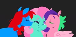 Size: 1595x780 | Tagged: safe, artist:partyponypower, coconut grove, minty, waterfire, earth pony, pegasus, pony, g3, black background, cheek kiss, female, kiss sandwich, kissing, lesbian, ship:mintyfire, ship:mintyfiregrove, ship:mintygrove, shipping, simple background, trio