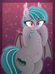 Size: 3016x4032 | Tagged: safe, artist:rainbowšpekgs, oc, oc only, oc:malachite cluster, bat pony, pony, adorasexy, bat pony oc, belly, belly button, bipedal, chest fluff, chubby, cute, fangs, femboy, gradient background, male, partially open wings, sexy, smiling, solo, stallion, stars, wings