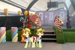Size: 2048x1361 | Tagged: safe, artist:allisonpopick, flam, flim, pony, unicorn, g4, bowtie, brothers, charlie and the chocolate factory, clothes, duo, duo male, flim flam brothers, hat, horn, irl, male, photo, ponies in real life, raised hoof, siblings, stallion, willy's chocolate experience