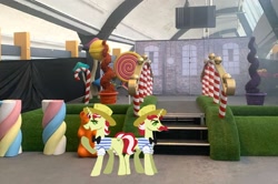 Size: 2048x1361 | Tagged: safe, artist:allisonpopick, flam, flim, pony, unicorn, g4, bowtie, brothers, clothes, duo, duo male, flim flam brothers, glasgow, hat, horn, irl, male, meme, photo, ponies in real life, ponified meme, raised hoof, scotland, siblings, stallion, willy's chocolate experience