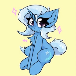 Size: 2000x2000 | Tagged: safe, artist:jubyskylines, trixie, pony, unicorn, g4, chest fluff, cute, cute little fangs, ear fluff, eye clipping through hair, fangs, female, heart, horn, looking at you, mare, simple background, smiling, smiling at you, snaggletooth, solo, yellow background