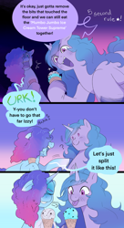 Size: 1866x3440 | Tagged: safe, artist:aztrial, izzy moonbow, misty brightdawn, pony, unicorn, g5, 5-second rule, comic, cute, dialogue, duo, duo female, emanata, female, food, funny, good end, horn, ice cream, ice cream cone, izzybetes, mare, mistybetes, phew, question mark, rebirth misty, sharing, shocked, tongue out