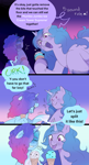 Size: 1866x3440 | Tagged: safe, artist:aztrial, izzy moonbow, misty brightdawn, pony, unicorn, g5, 5-second rule, comic, cute, dialogue, duo, duo female, emanata, female, food, funny, good end, horn, ice cream, ice cream cone, izzybetes, mare, mistybetes, phew, question mark, sharing, shocked, tongue out