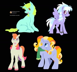 Size: 1595x1479 | Tagged: safe, artist:partyponypower, autumn skye, cloudchaser, light heart, whoa nelly, earth pony, pegasus, pony, unicorn, g2, g3, g4, :3, black background, bracelet, clothes, coontails, group, horn, jewelry, open mouth, quartet, scarf, simple background, sitting, spread wings, standing, wings