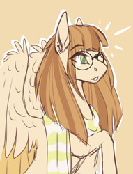 Size: 1280x1674 | Tagged: safe, artist:pixelberrry, oc, oc only, oc:marigold, pegasus, pony, brown background, clothes, female, glasses, mare, scarf, simple background, solo, striped scarf