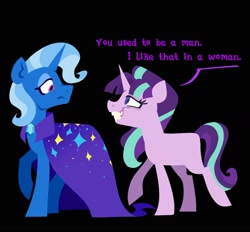 Size: 1595x1479 | Tagged: safe, artist:partyponypower, starlight glimmer, trixie, pony, unicorn, g4, alternate universe, black background, duo, evil starlight, female, horn, implied lesbian, implied shipping, implied startrix, s5 starlight, simple background, trans female, trans trixie, transgender