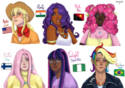 Size: 2286x1600 | Tagged: safe, artist:caosolita, applejack, fluttershy, pinkie pie, rainbow dash, rarity, twilight sparkle, human, g4, alternate hairstyle, applejack's hat, apron, bandana, brazil, clothes, cowboy hat, dark skin, diversity, dress, ear piercing, earring, eyebrow piercing, eyeshadow, face tattoo, female, finland, flag, freckles, glasses, grin, hat, human coloration, humanized, india, indian, jacket, jewelry, leather, leather jacket, lip bite, lip piercing, lipstick, makeup, mane six, necklace, nigeria, nose piercing, one eye closed, open mouth, papua new guinea, piercing, shirt, simple background, smiling, snake bites, sweater, sweatershy, t-shirt, tattoo, wall of tags, white background, wink