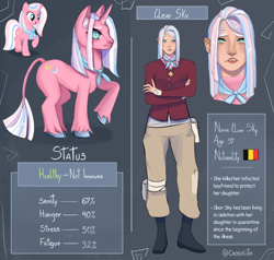Size: 2000x1904 | Tagged: safe, artist:caosolita, clear sky, human, pony, unicorn, g4, alternate universe, bandage, belgium, boots, clothes, female, flag, gritted teeth, horn, humanized, implied death, implied quibble pants, implied wind sprint, infection, infection au, jewelry, leonine tail, mare, necklace, pants, pouch, raised hoof, redesign, reference sheet, scared, shirt, shoes, solo, tail, teeth, unshorn fetlocks, virus, worried