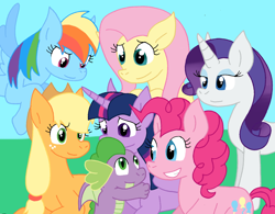 Size: 1378x1074 | Tagged: safe, artist:cmara, applejack, fluttershy, pinkie pie, rainbow dash, rarity, spike, twilight sparkle, alicorn, dragon, earth pony, pegasus, pony, unicorn, g4, female, horn, hug, male, twilight sparkle (alicorn), winged spike, wings