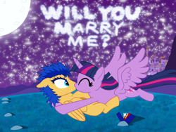 Size: 4000x3000 | Tagged: safe, flash sentry, twilight sparkle, alicorn, g4, canterlot, digital art, female, male, marriage proposal, moon, newbie artist training grounds, night, romantic, ship:flashlight, shipping, stars, straight, twilight sparkle (alicorn)