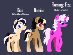 Size: 1337x1001 | Tagged: safe, artist:partyponypower, oc, oc only, oc:dice, oc:domino, oc:flamingo fizz, earth pony, pony, unicorn, g4, blue eyes, colt, crossed legs, earth pony oc, foal, freckles, gradient legs, gradient muzzle, gray background, horn, male, red eyes, shoulder freckles, siblings, simple background, stallion, sunglasses, trio, unicorn oc