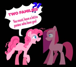 Size: 1123x1001 | Tagged: safe, artist:partyponypower, pinkie pie, earth pony, pony, g4, alternate universe, black background, duo, pinkamena diane pie, self paradox, self ponidox, simple background