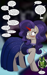 Size: 1250x2000 | Tagged: safe, artist:runningtoaster, horse, pony, unicorn, ..., beast boy, blood, blushing, caught, clothes, dc comics, dialogue, dress, eyebrows, eyebrows visible through hair, eyeshadow, female, frog (hoof), gown, grin, hobby, horn, human to pony, jewelry, makeup, mare, necklace, nosebleed, offscreen character, open mouth, open smile, pearl necklace, ponified, post-transformation, raised hoof, raven (dc comics), requested art, shrunken pupils, smiling, solo, speech bubble, teen titans, transformation, underhoof, wide eyes