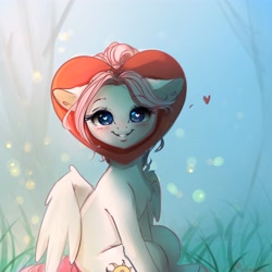 Size: 4000x4000 | Tagged: safe, artist:miokomata, oc, oc only, oc:luna, pegasus, pony, blushing, chest fluff, cute, floating heart, floppy ears, grin, heart, heart eyes, looking at you, ocbetes, sitting, smiling, smiling at you, solo, wingding eyes
