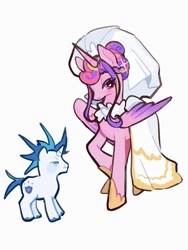 Size: 960x1280 | Tagged: safe, artist:4tws4, princess cadance, shining armor, alicorn, pony, unicorn, g4, clothes, dress, duo, duo male and female, female, heart, heart eyes, height difference, hoof shoes, horn, larger female, lidded eyes, male, mare, meme, messy mane, princess shoes, raised hoof, redraw, ship:shiningcadance, shipping, simple background, size difference, smaller male, sparkles, stallion, straight, tail, the bride and the ugly ass groom, toy interpretation, unshorn fetlocks, wedding dress, wedding veil, white background, wingding eyes, wings