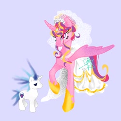 Size: 1024x1024 | Tagged: safe, artist:greecer20, princess cadance, shining armor, alicorn, pony, unicorn, g4, clothes, dress, duo, duo male and female, female, height difference, hoof shoes, horn, horn ring, larger female, male, mare, meme, messy mane, princess shoes, purple background, raised hoof, redraw, ring, ship:shiningcadance, shipping, signature, simple background, size difference, smaller male, stallion, straight, tail, the bride and the ugly ass groom, toy interpretation, wedding dress, wedding veil, wings
