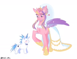 Size: 2048x1583 | Tagged: safe, artist:kimiokura, princess cadance, shining armor, alicorn, pony, unicorn, g4, :3, alternate hairstyle, blushing, bowtie, clothes, dot eyes, dress, duo, duo male and female, female, floating heart, heart, height difference, hoof shoes, horn, larger female, looking down, male, mare, messy mane, princess shoes, raised hoof, redraw, ship:shiningcadance, shipping, simple background, size difference, smaller male, sparkles, spread wings, stallion, straight, tail, the bride and the ugly ass groom, toy interpretation, unshorn fetlocks, wedding dress, wedding veil, white background, wings