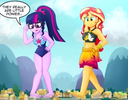 Size: 2691x2121 | Tagged: safe, artist:lordshrekzilla20, sci-twi, sunset shimmer, twilight sparkle, human, pony, equestria girls, g4, ankles, barefoot, beach shorts swimsuit, belly button, bikini, bikini bottom, bikini top, blue swimsuit, breasts, cleavage, clothes, cloud, commission, commissioner:picjusbro, crushing, dialogue, feet, female, giantess, glasses, gold, hand on hip, legs, macro, midriff, mountain, open mouth, ponytail, ponyville, sarong, sci-twi swimsuit, sky, swimsuit, thighs, toes, tree, word bubble, wrist cuffs
