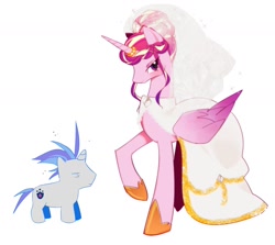 Size: 1698x1514 | Tagged: safe, artist:firemauer, princess cadance, shining armor, alicorn, pony, unicorn, g4, alternate hairstyle, bags under eyes, blushing, clothes, dress, duo, duo male and female, female, height difference, hoof shoes, horn, horn ring, larger female, lidded eyes, male, mare, messy mane, princess shoes, raised hoof, redraw, ring, ship:shiningcadance, shipping, simple background, size difference, smaller male, sparkles, stallion, straight, tail, the bride and the ugly ass groom, toy interpretation, wedding dress, wedding veil, white background, wings