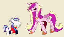 Size: 1582x924 | Tagged: safe, artist:firemauer, princess cadance, shining armor, alicorn, pony, unicorn, g4, blushing, clothes, duo, duo male and female, female, fierce, folded wings, height difference, hoof shoes, horn, injured, jewelry, larger female, lidded eyes, male, mare, messy mane, messy tail, peytral, princess shoes, redraw, regalia, role reversal, ship:shiningcadance, shipping, simple background, size difference, smaller male, smiling, sparkles, stallion, straight, tail, tan background, the bride and the ugly ass groom, uniform, wings