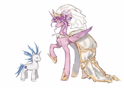 Size: 2048x1476 | Tagged: safe, artist:julibee, princess cadance, shining armor, alicorn, pony, unicorn, g4, 2024, alternate hairstyle, clothes, concave belly, dress, duo, duo male and female, female, folded wings, height difference, hoof shoes, horn, larger female, lidded eyes, looking back, male, mare, messy mane, physique difference, princess shoes, raised hoof, redraw, ship:shiningcadance, shipping, simple background, size difference, slender, smaller male, smiling, stallion, straight, tail, tall, the bride and the ugly ass groom, thin, toy interpretation, unshorn fetlocks, wedding dress, wedding veil, white background, wings