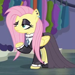 Size: 772x771 | Tagged: safe, screencap, fluttershy, pegasus, pony, fake it 'til you make it, g4, cropped, ear piercing, earring, female, fluttergoth, goth, jewelry, mare, piercing, raised hoof, solo