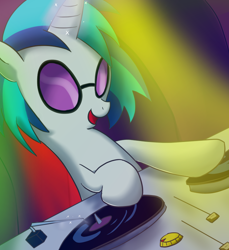 Size: 750x819 | Tagged: safe, artist:outcast010, dj pon-3, vinyl scratch, unicorn, g4, glasses, horn, solo, turntable