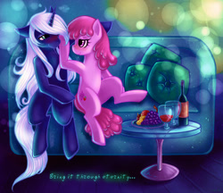 Size: 1076x930 | Tagged: safe, artist:limreiart, berry punch, berryshine, oc, earth pony, pony, unicorn, g4, alcohol, belly, blushing, canon x oc, couch, duo, female, food, fruit, grapes, herbivore, horn, human shoulders, male, mare, stallion, straight, wine