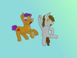 Size: 4080x3060 | Tagged: safe, artist:kokopingas98, oc, oc only, oc:anthon, oc:nevets, earth pony, pony, derp, digital art, duo, duo focus, duo male, facial hair, fight, gradient background, happy, male, neckbeard, ponysona, smiling, stallion, violence