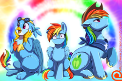 Size: 2900x1920 | Tagged: safe, artist:pridark, big macintosh, gabby, rainbow dash, earth pony, griffon, pegasus, pony, g4, alternate universe, confused, cowboy hat, eye clipping through hair, goggles, goggles on head, hands on cheeks, hat, looking at you, neckerchief, open mouth, open smile, palette swap, raised hoof, recolor, shrunken pupils, sitting, smiling, sonic rainboom