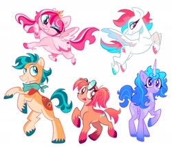 Size: 2048x1752 | Tagged: safe, artist:cr4sh_k1d, hitch trailblazer, izzy moonbow, pipp petals, sunny starscout, zipp storm, earth pony, pegasus, pony, unicorn, g5, alternate design, coat markings, countershading, diverse body types, eyeshadow, goggles, height difference, horn, jewelry, makeup, mane five, physique difference, redesign, simple background, stylized, tiara, unshorn fetlocks, white background