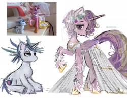 Size: 2048x1580 | Tagged: safe, artist:yashinoki____, princess cadance, shining armor, alicorn, pony, unicorn, g4, 2024, alternate hairstyle, clothes, concave belly, dress, duo, female, flower, flower in hair, folded wings, height difference, hoof shoes, horn, jewelry, larger female, lidded eyes, long tail, male, mare, messy mane, necklace, photo reference, physique difference, princess shoes, raised hoof, redraw, ship:shiningcadance, shipping, signature, simple background, sitting, size difference, slender, smaller male, stallion, straight, tail, tall, the bride and the ugly ass groom, thin, toy interpretation, unshorn fetlocks, wedding dress, wedding veil, white background, wings